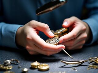 時計職人が精密な部品を手作業で組み立てている