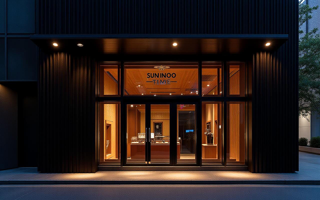 Susanoo Time東京旗艦店の豪華な店構え。夜間照明で照らされた伝統的な日本の建築とモダンなデザインの融合。
